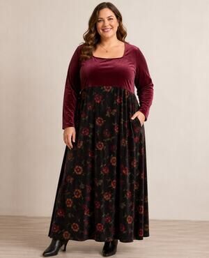 Boho Vtg Style Whimsigoth Studio Plus Size Velvet Maxi Dress 2X Burgundy Floral